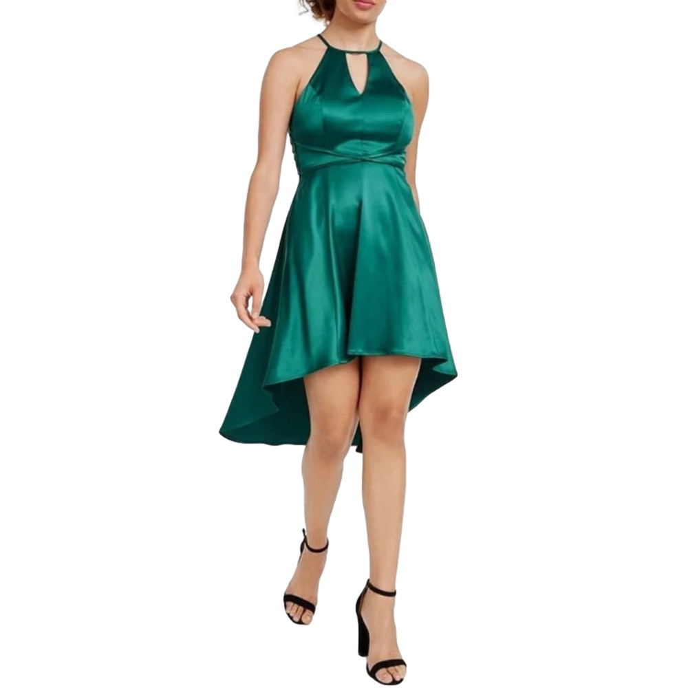 CRYSTAL DOLL Women’s Emerald Sleeveless Halter Tea Length Hi Lo Cocktail Dress